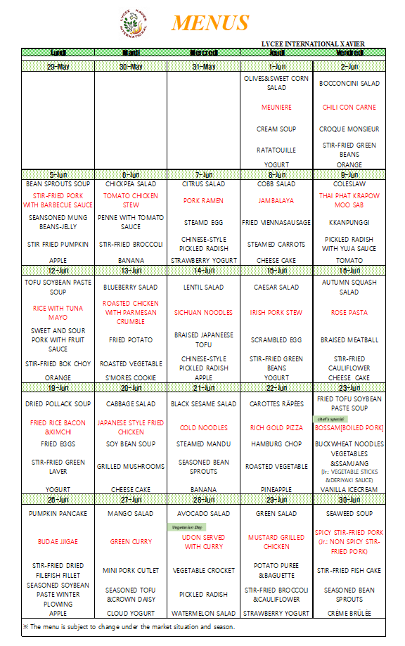 Lycée International Xavier Menus de la cantine_juin 2023